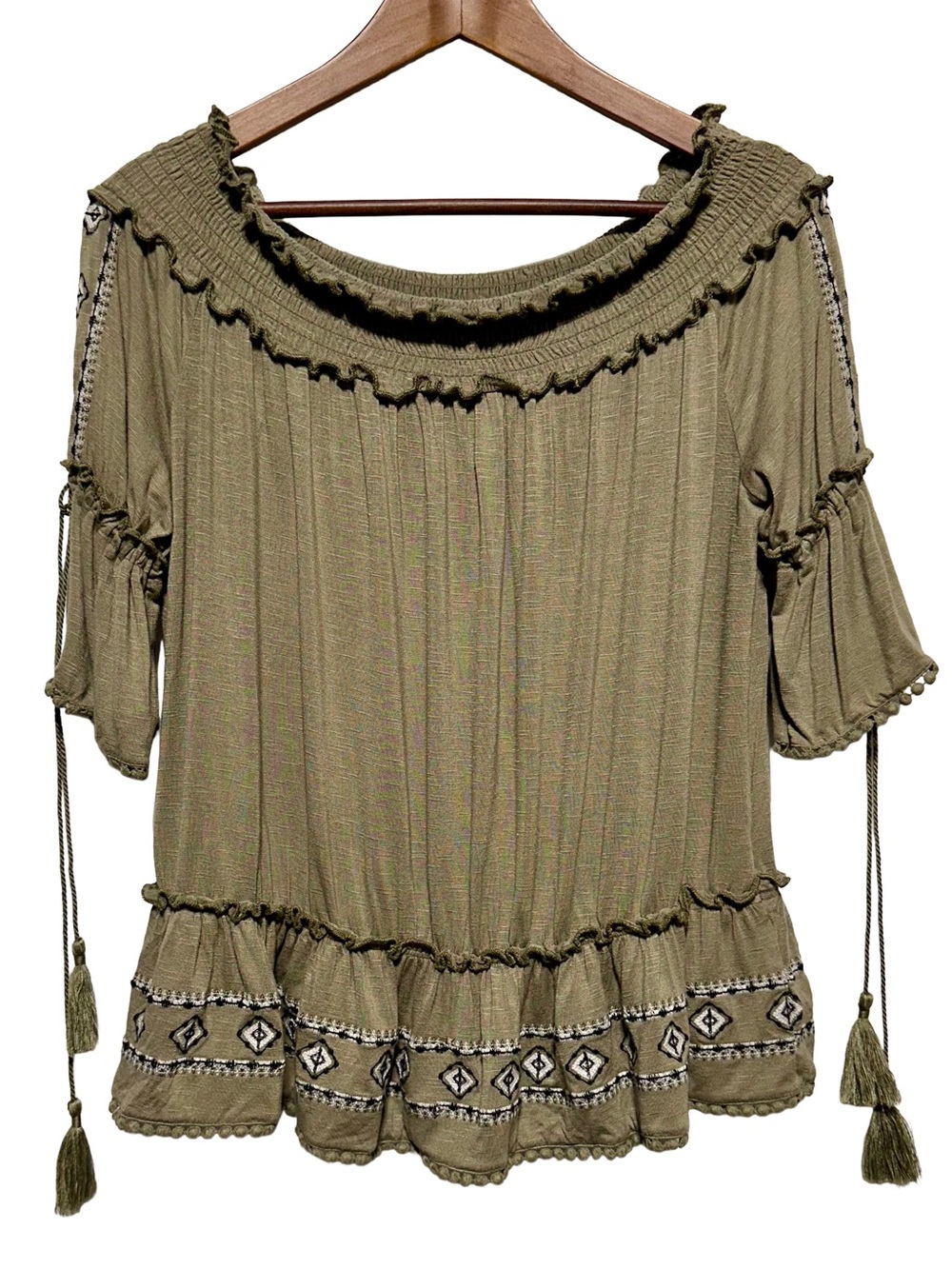 Nanette Lepore Olive Off Shoulder Embroidered Tassel Peasant Top Blouse Size M